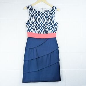 Laura Navy Coral and White Sleeveless Midi Dress EUC Layered Skirt Wedding Guest